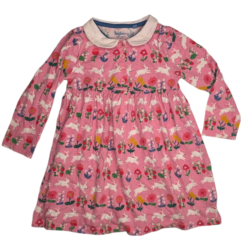 Baby Boden Pink Floral & Bunny Peter Pan Collar Dress